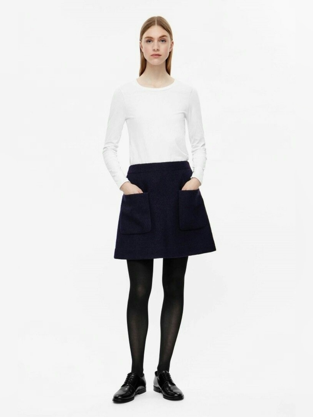 COS navy blue A-line wool mini skirt large front patch pockets 6 - Picture 2 of 9